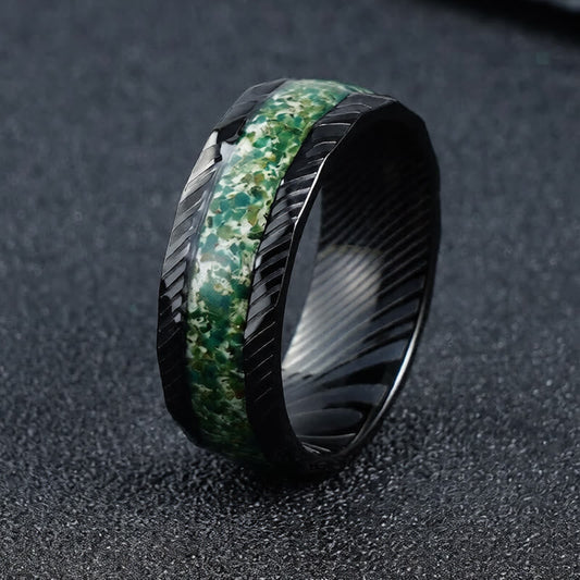 Wear FengShui Faceted Natural Inlay Titanium Steel Strength Ring