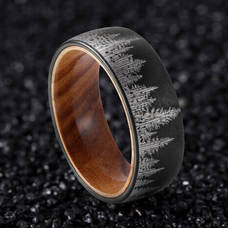 Wear FengShui Forest Pattern Wood Tungsten Steel Strength Ring