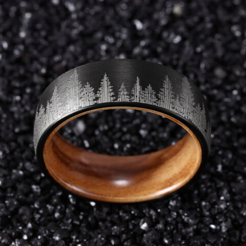 Wear FengShui Forest Pattern Wood Tungsten Steel Strength Ring