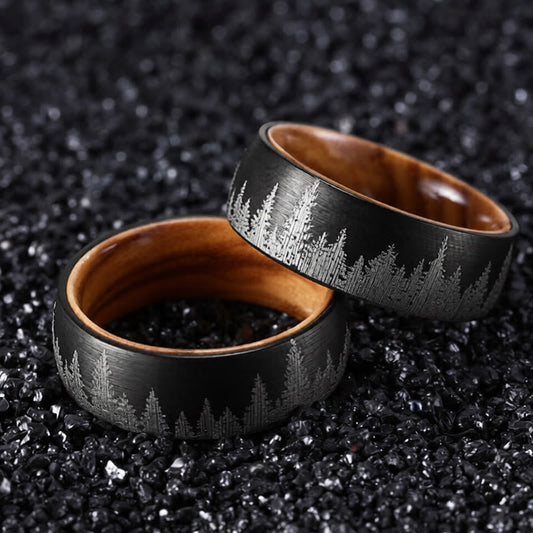 Wear FengShui Forest Pattern Wood Tungsten Steel Strength Ring