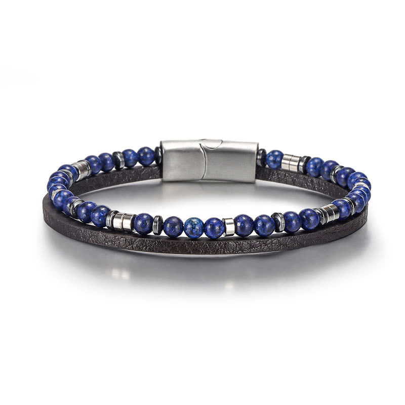Wear FengShui Lapis Lazuli Tiger Eye Bead Balance Leather Bracelet
