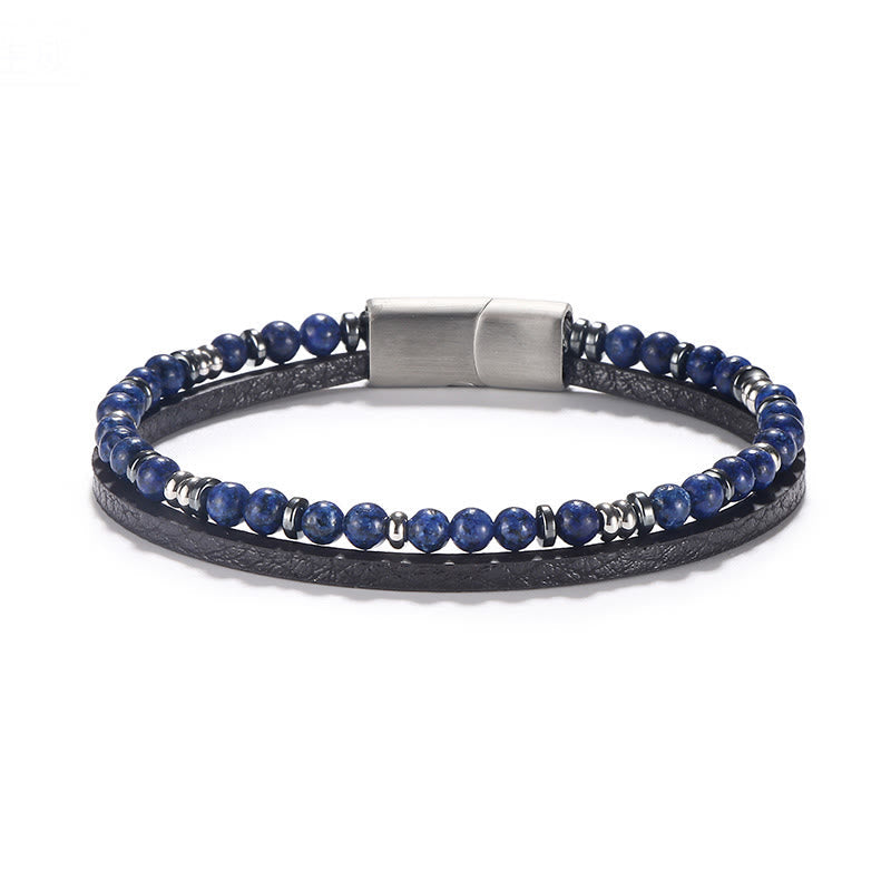 Wear FengShui Lapis Lazuli Tiger Eye Bead Balance Leather Bracelet