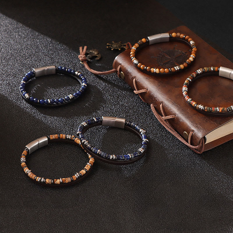 Wear FengShui Lapis Lazuli Tiger Eye Bead Balance Leather Bracelet