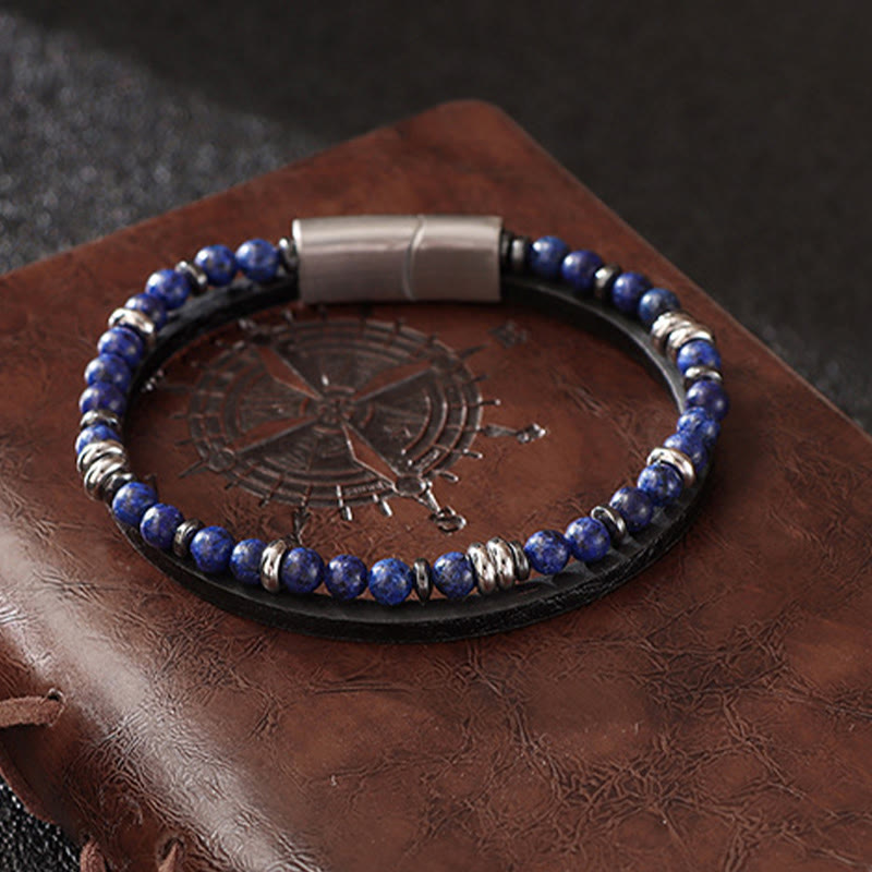 Wear FengShui Lapis Lazuli Tiger Eye Bead Balance Leather Bracelet