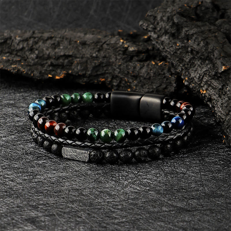 Wear FengShui Tiger Eye Lava Rock Bead Braided Strength Leather Bracelet