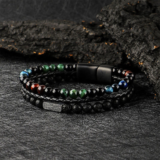 Wear FengShui Tiger Eye Lava Rock Bead Braided Strength Leather Bracelet