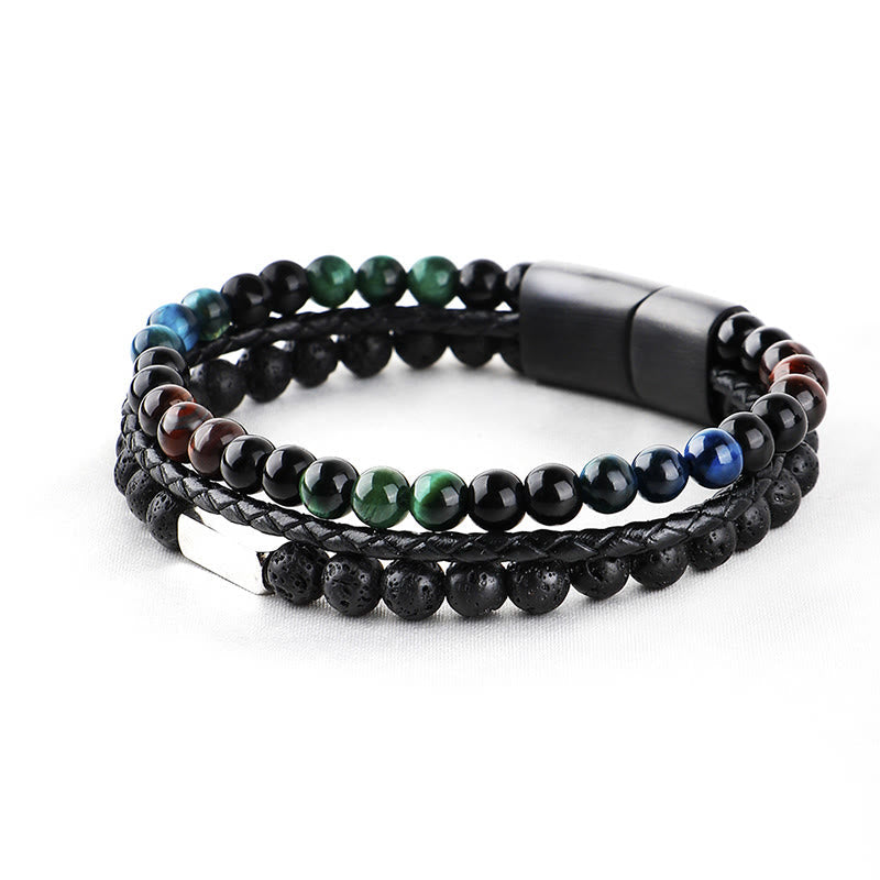 Wear FengShui Tiger Eye Lava Rock Bead Braided Strength Leather Bracelet