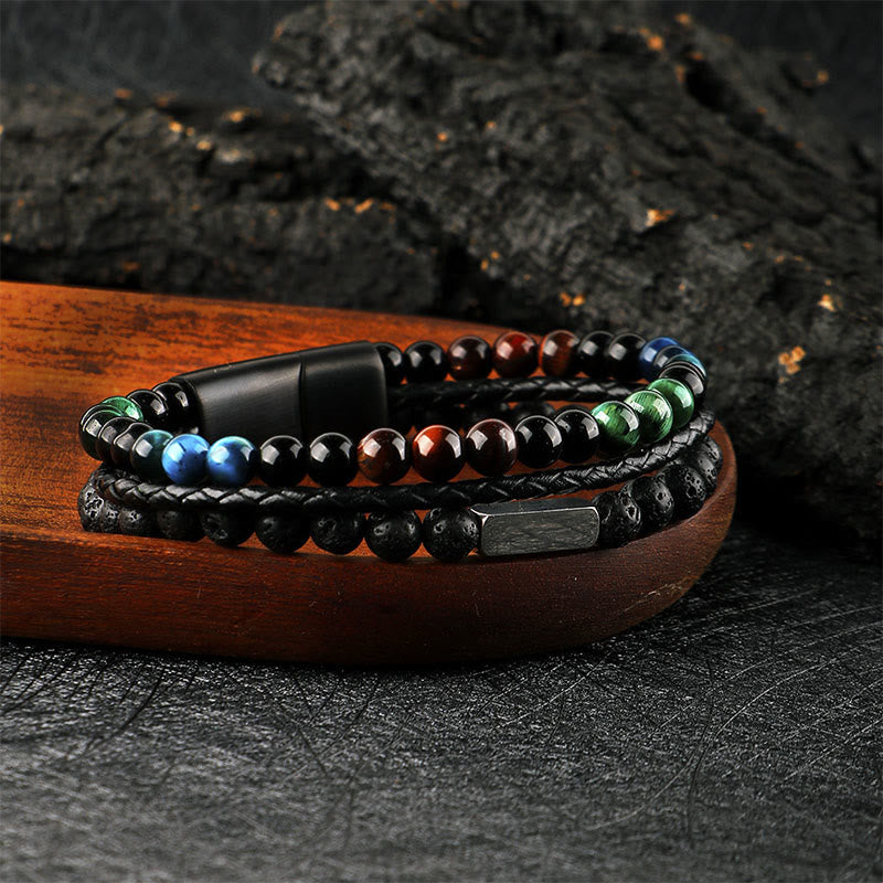 Wear FengShui Tiger Eye Lava Rock Bead Braided Strength Leather Bracelet