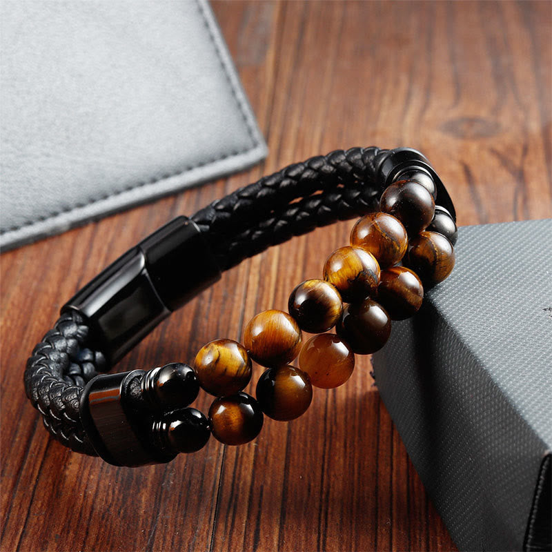 Wear FengShui Tiger Eye Double Wrap Braided Leather Protection Bracelet