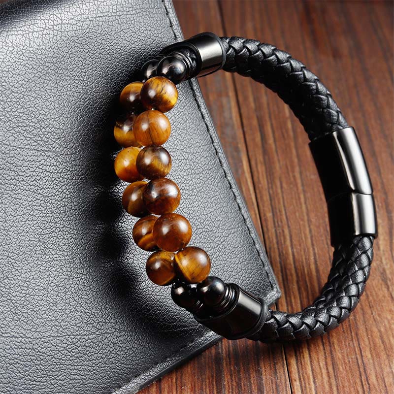 Wear FengShui Tiger Eye Double Wrap Braided Leather Protection Bracelet