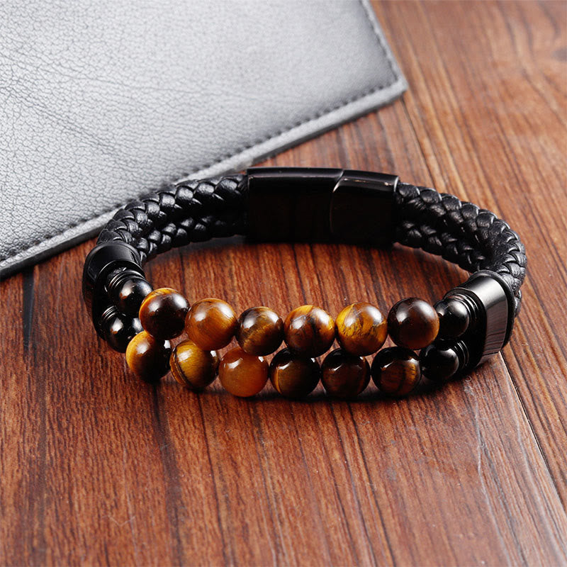 Wear FengShui Tiger Eye Double Wrap Braided Leather Protection Bracelet