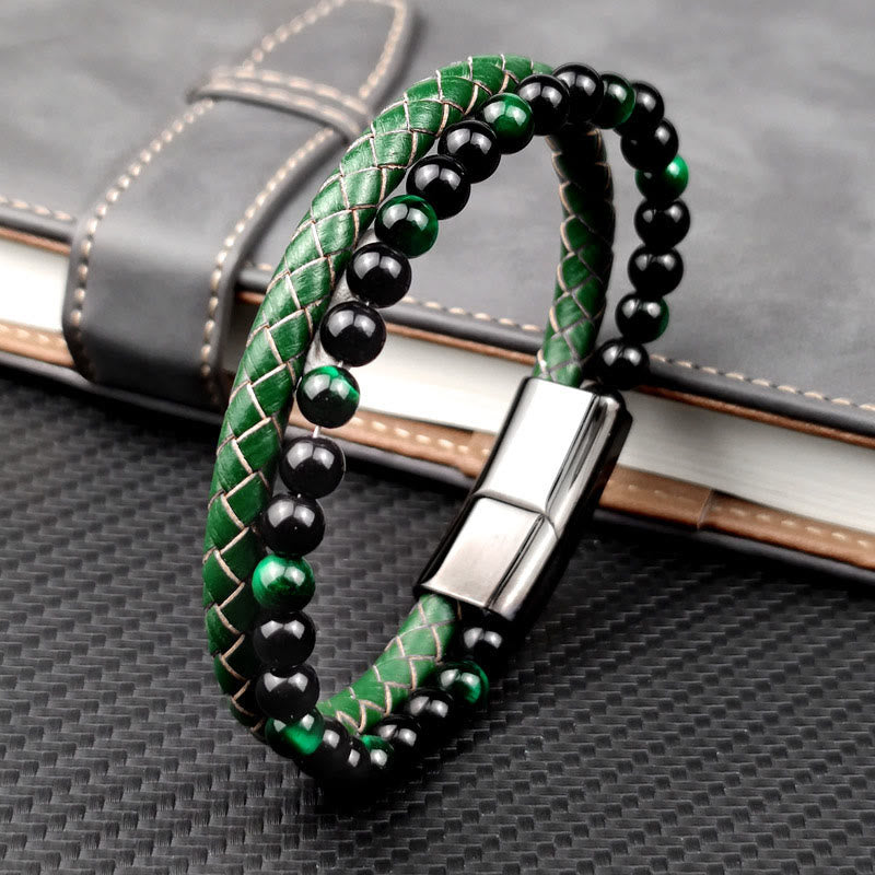 Wear FengShui Green Tiger Eye Double Wrap Braided Leather Strength Bracelet