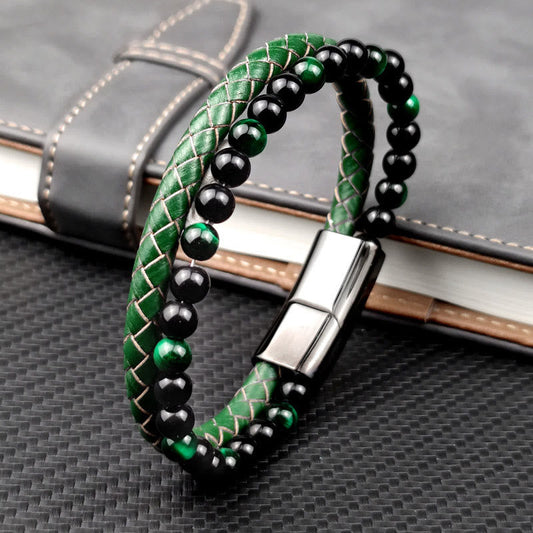 Wear FengShui Green Tiger Eye Double Wrap Braided Leather Strength Bracelet