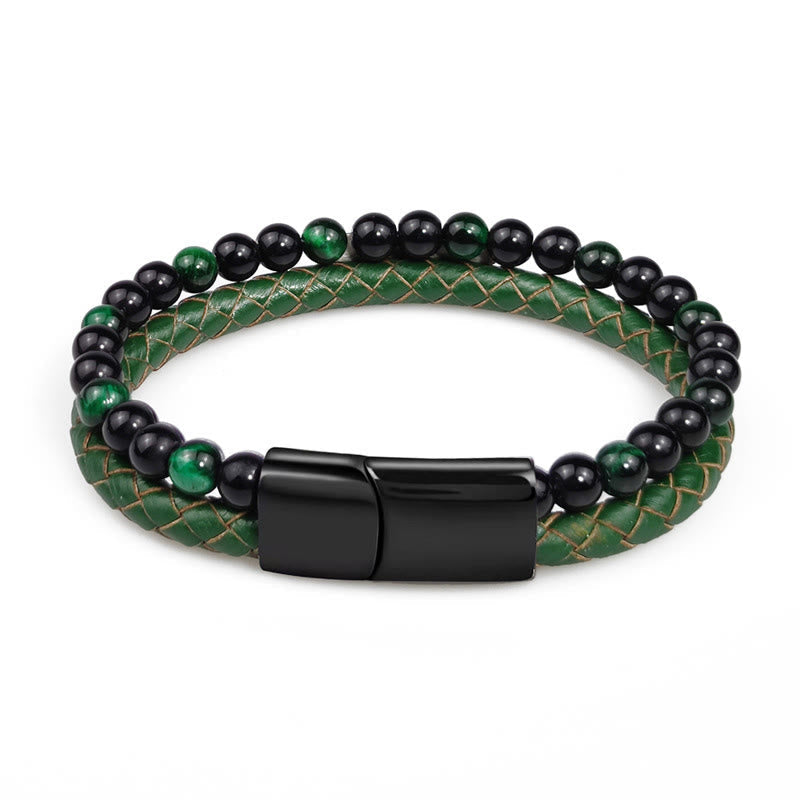 Wear FengShui Green Tiger Eye Double Wrap Braided Leather Strength Bracelet