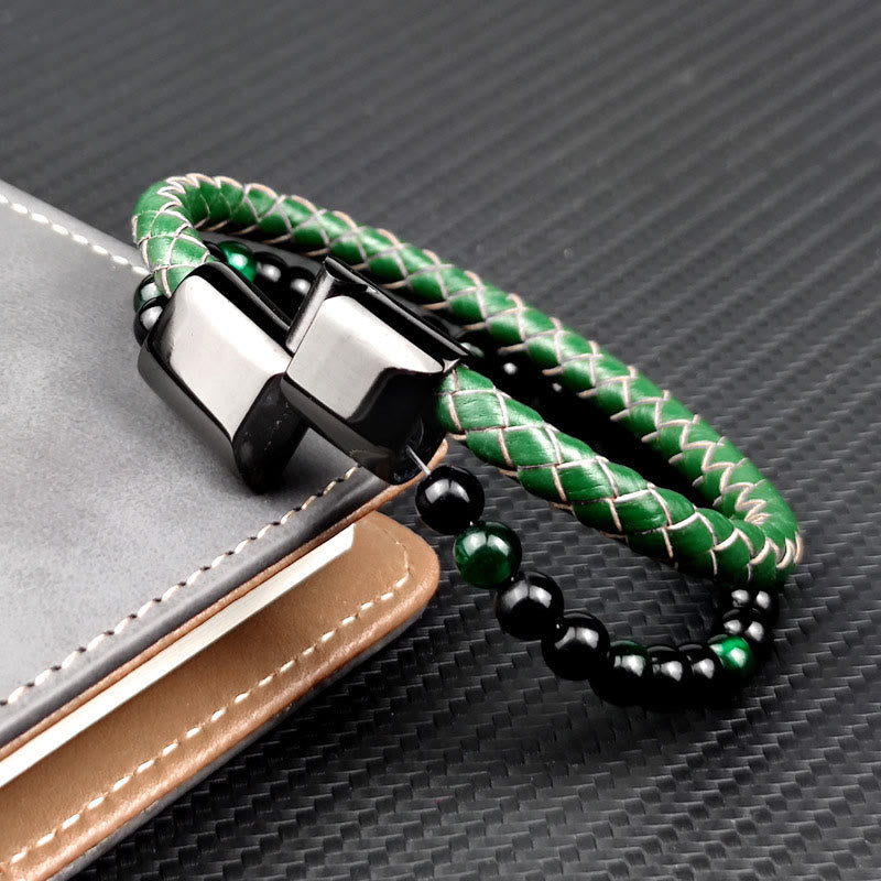 Wear FengShui Green Tiger Eye Double Wrap Braided Leather Strength Bracelet