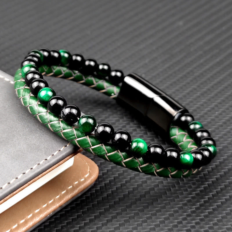 Wear FengShui Green Tiger Eye Double Wrap Braided Leather Strength Bracelet