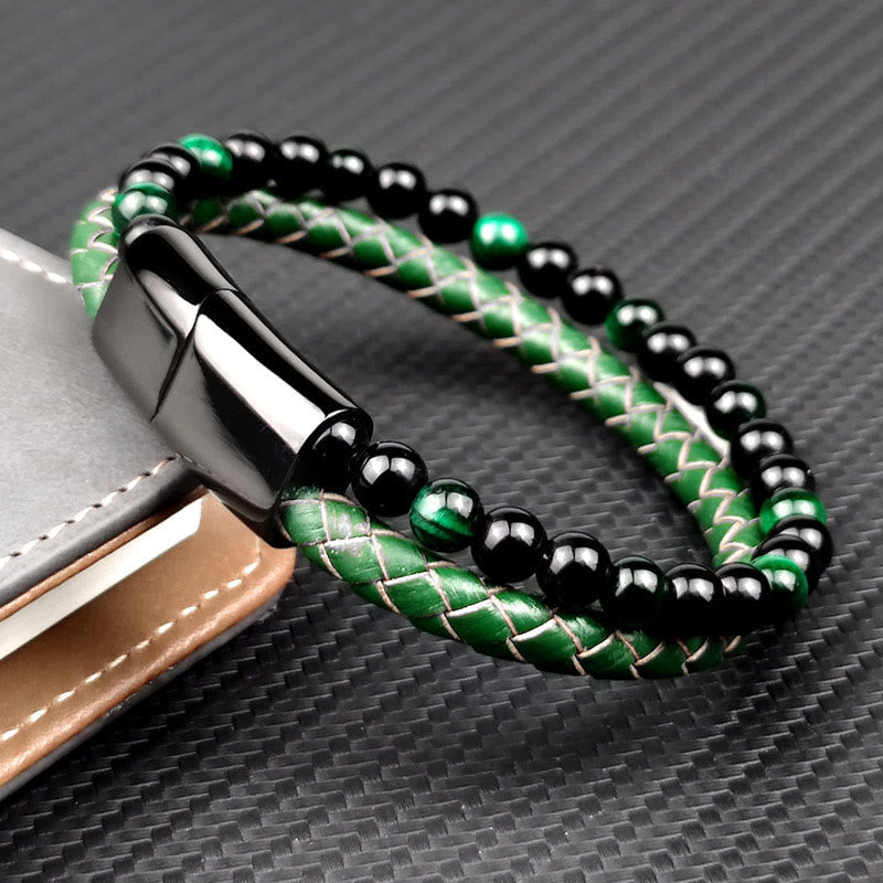 Wear FengShui Green Tiger Eye Double Wrap Braided Leather Strength Bracelet