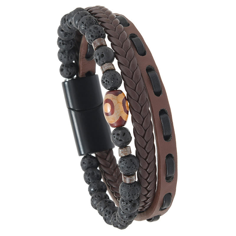 Wear FengShui Dzi Bead Lava Rock Multilayered Braided Leather Wealth Bracelet