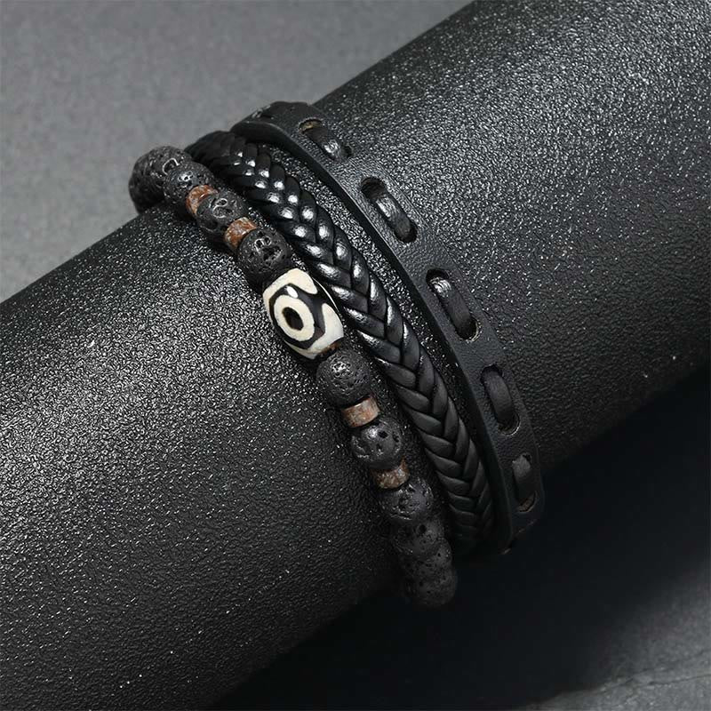 Wear FengShui Dzi Bead Lava Rock Multilayered Braided Leather Wealth Bracelet