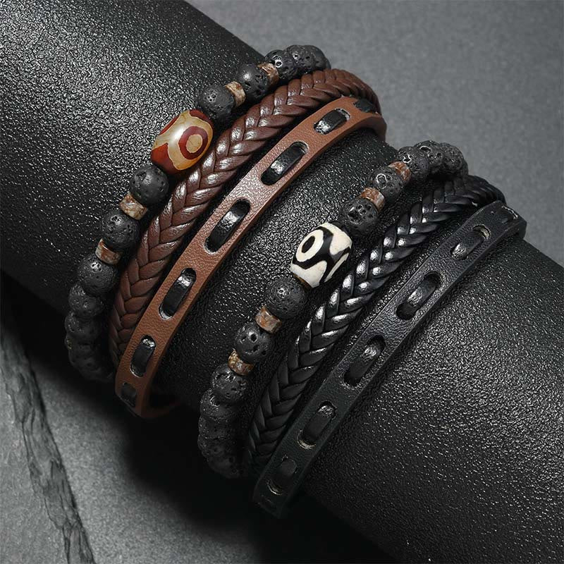 Wear FengShui Dzi Bead Lava Rock Multilayered Braided Leather Wealth Bracelet