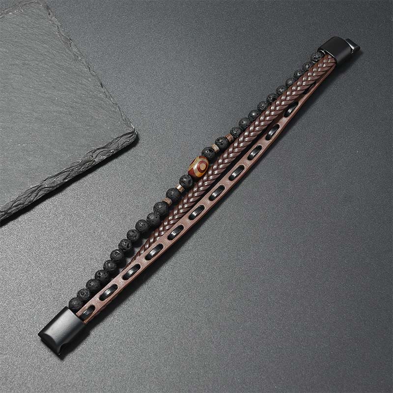 Wear FengShui Dzi Bead Lava Rock Multilayered Braided Leather Wealth Bracelet