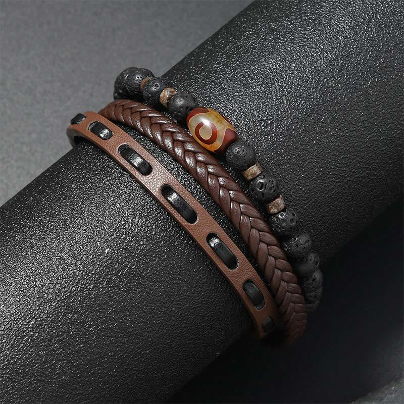 Wear FengShui Dzi Bead Lava Rock Multilayered Braided Leather Wealth Bracelet