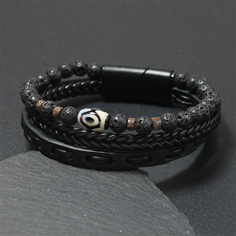 Wear FengShui Dzi Bead Lava Rock Multilayered Braided Leather Wealth Bracelet