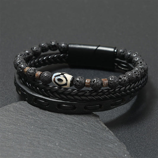 Wear FengShui Dzi Bead Lava Rock Multilayered Braided Leather Wealth Bracelet