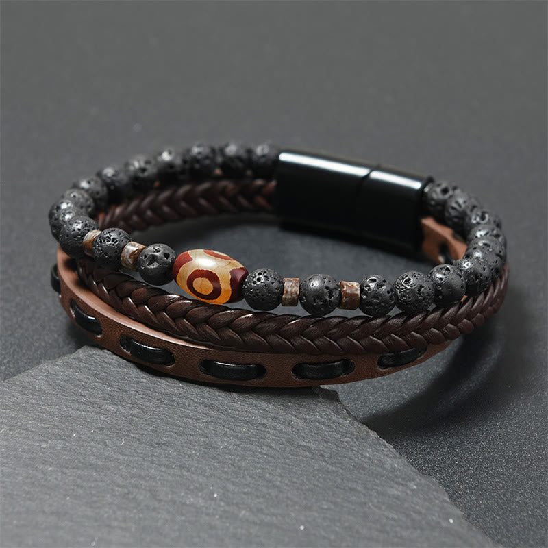 Wear FengShui Dzi Bead Lava Rock Multilayered Braided Leather Wealth Bracelet