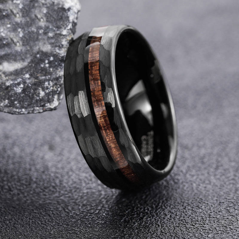 Wear FengShui Hammered Texture Inlay Tungsten Steel Endurance Ring