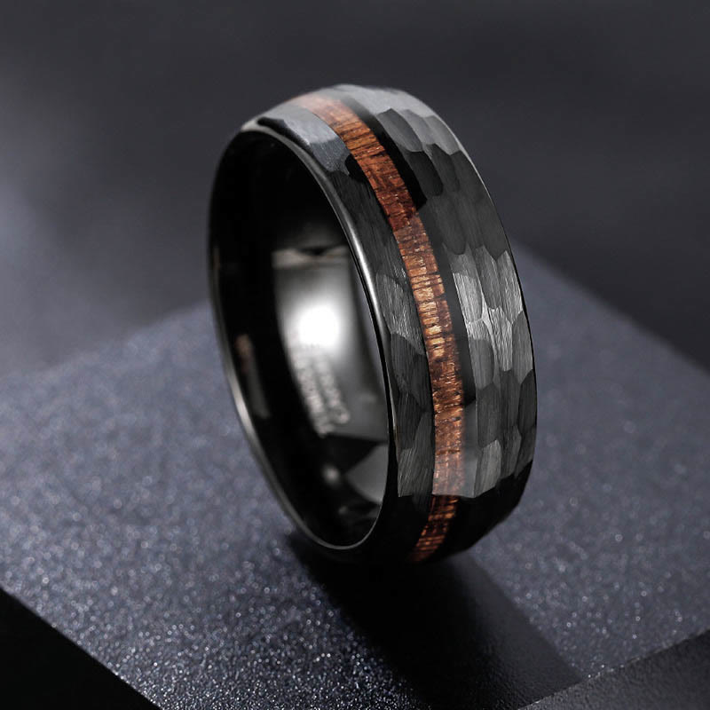Wear FengShui Hammered Texture Inlay Tungsten Steel Endurance Ring