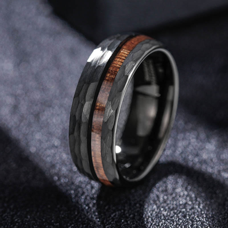 Wear FengShui Hammered Texture Inlay Tungsten Steel Endurance Ring