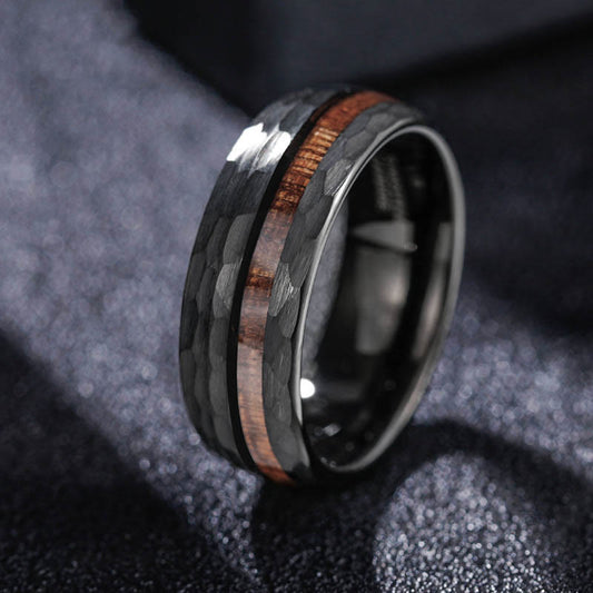 Wear FengShui Hammered Texture Inlay Tungsten Steel Endurance Ring