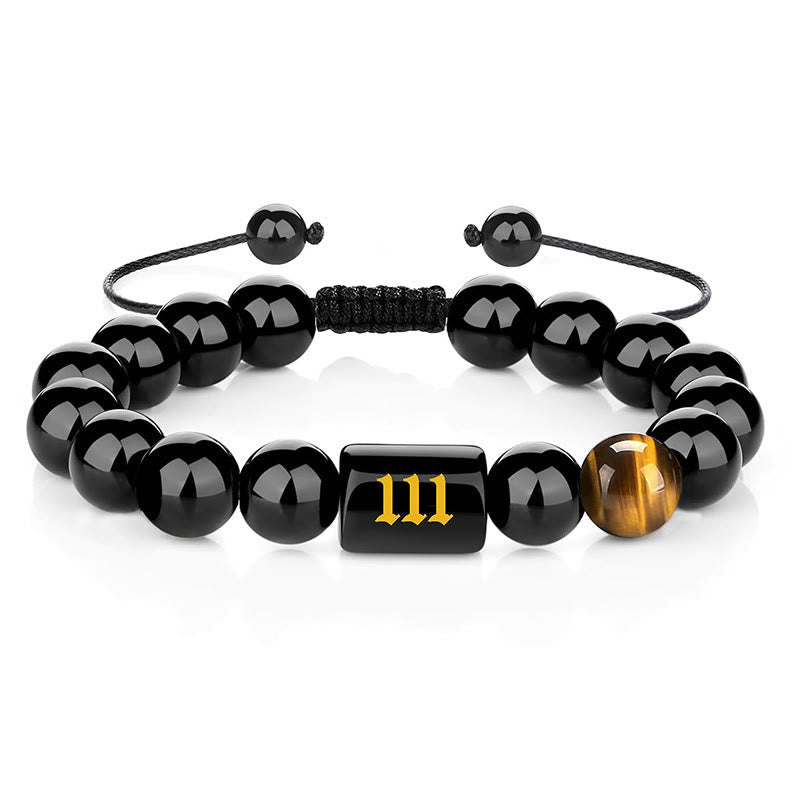 Wear FengShui Angel Number Natural Black Obsidian Tiger Eye Strength Fulfillment Bracelet