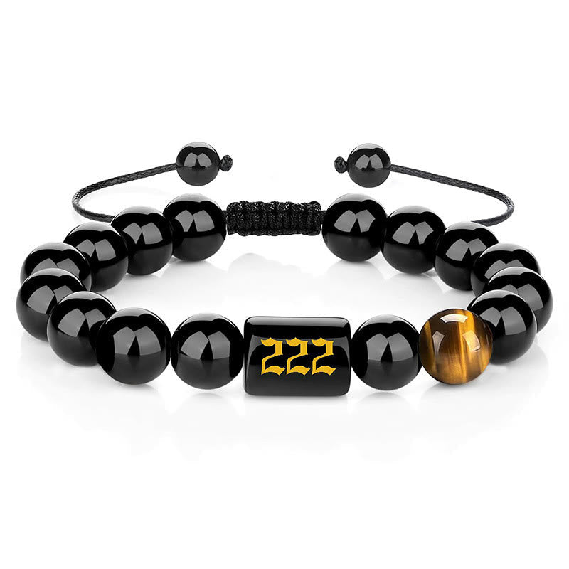 Wear FengShui Angel Number Natural Black Obsidian Tiger Eye Strength Fulfillment Bracelet