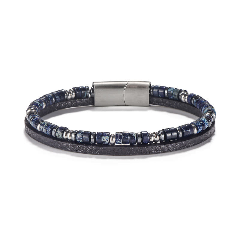 Wear FengShui Lapis Lazuli Tiger Eye Bead Balance Leather Bracelet