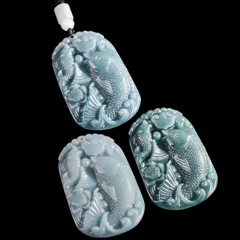 Wear FengShui Natural Jade Carving Double Koi Fish Rope Prosperity Necklace Pendant