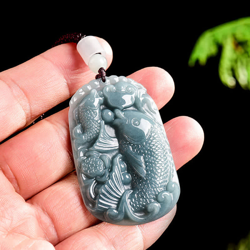 Wear FengShui Natural Jade Carving Double Koi Fish Rope Prosperity Necklace Pendant