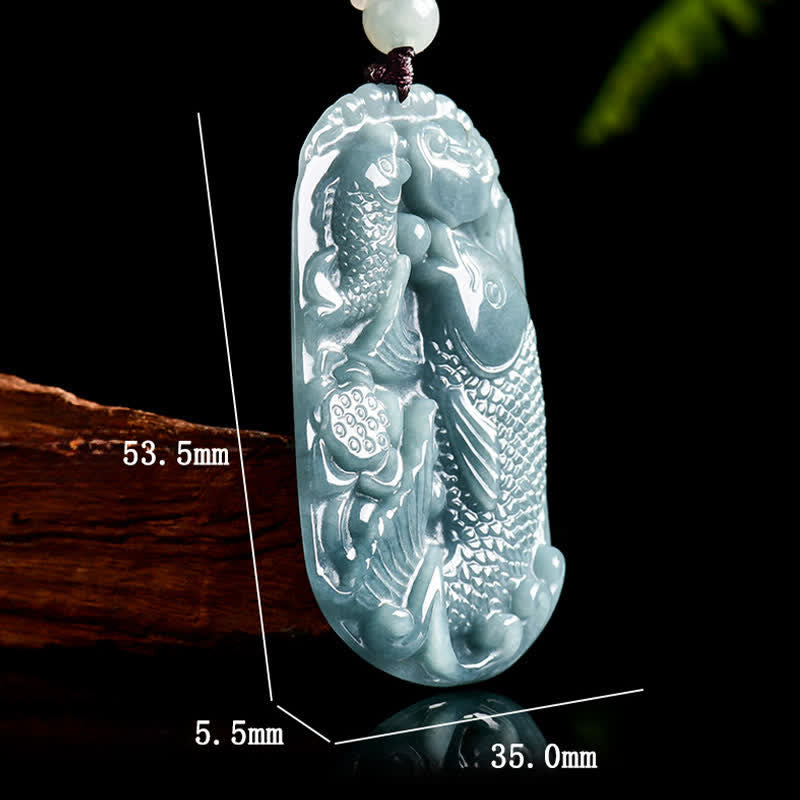 Wear FengShui Natural Jade Carving Double Koi Fish Rope Prosperity Necklace Pendant