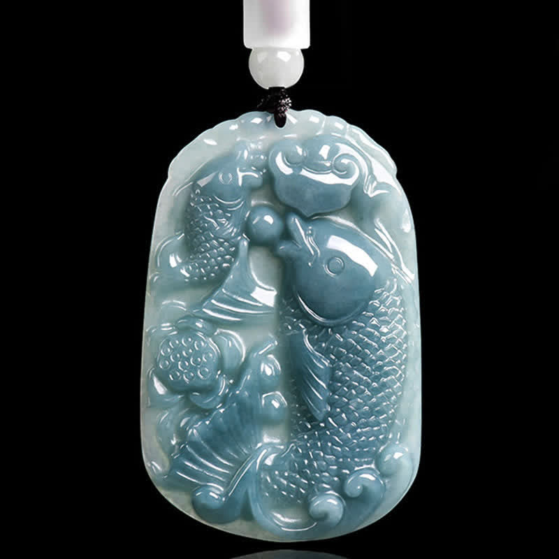 Wear FengShui Natural Jade Carving Double Koi Fish Rope Prosperity Necklace Pendant