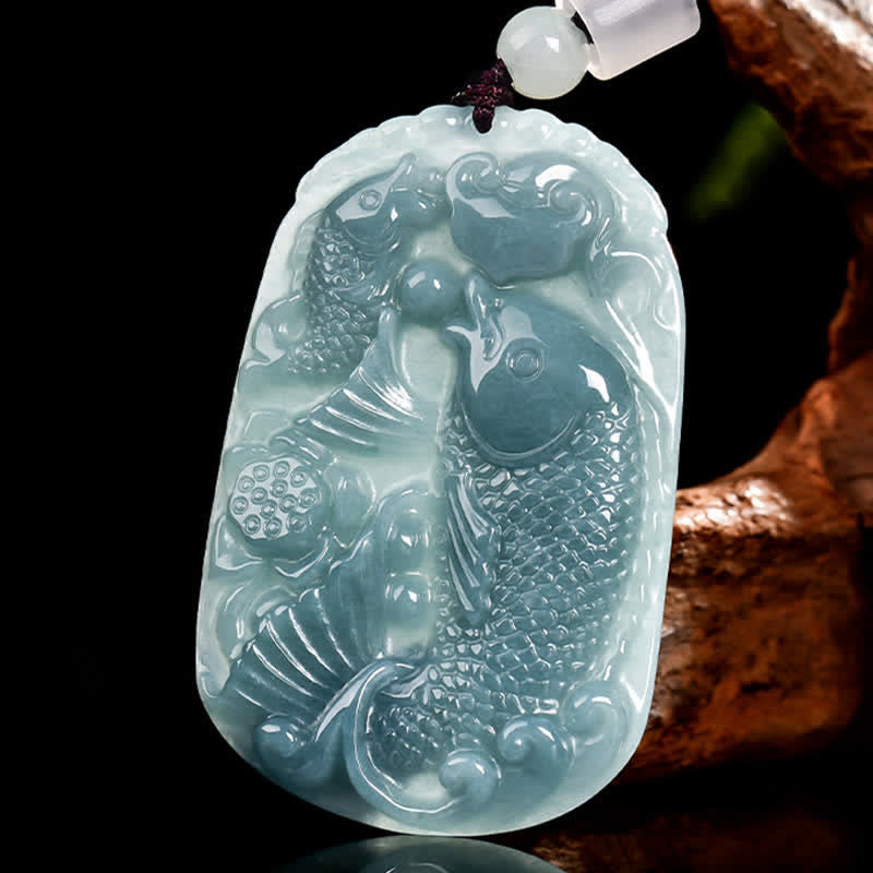 Wear FengShui Natural Jade Carving Double Koi Fish Rope Prosperity Necklace Pendant