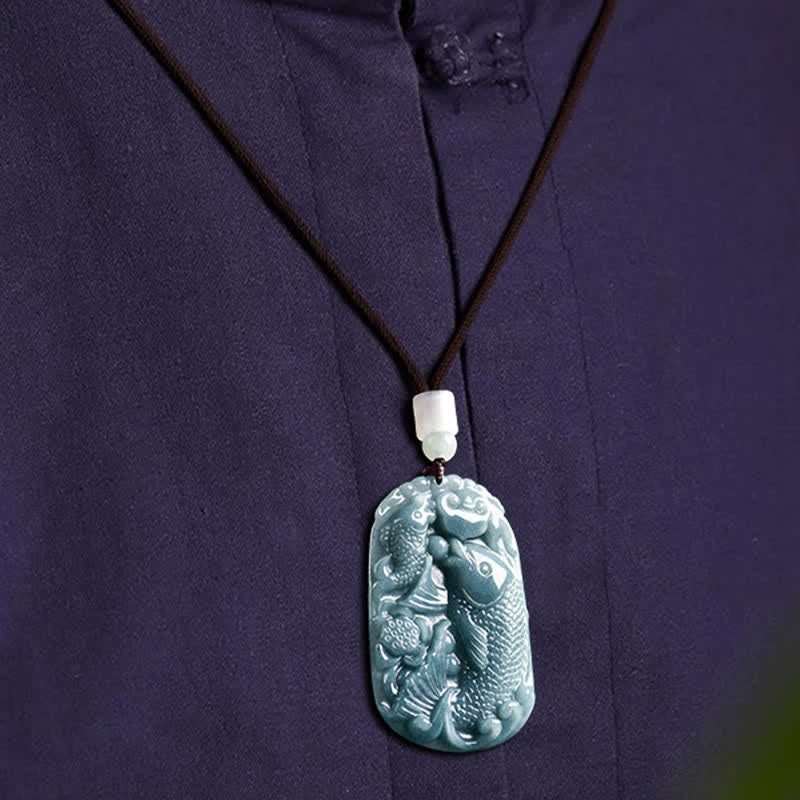 Wear FengShui Natural Jade Carving Double Koi Fish Rope Prosperity Necklace Pendant