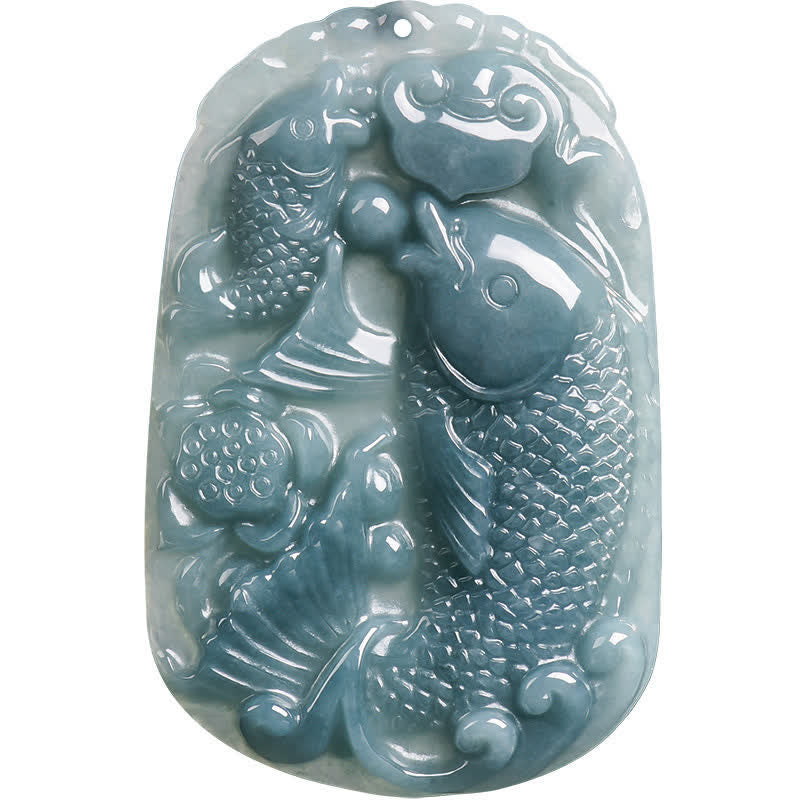 Wear FengShui Natural Jade Carving Double Koi Fish Rope Prosperity Necklace Pendant