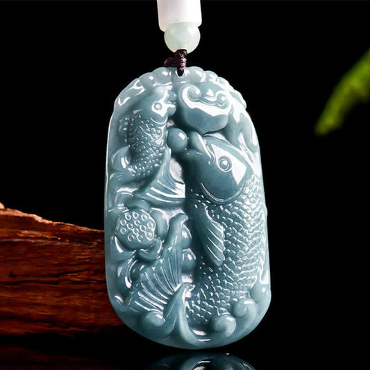 Wear FengShui Natural Jade Carving Double Koi Fish Rope Prosperity Necklace Pendant