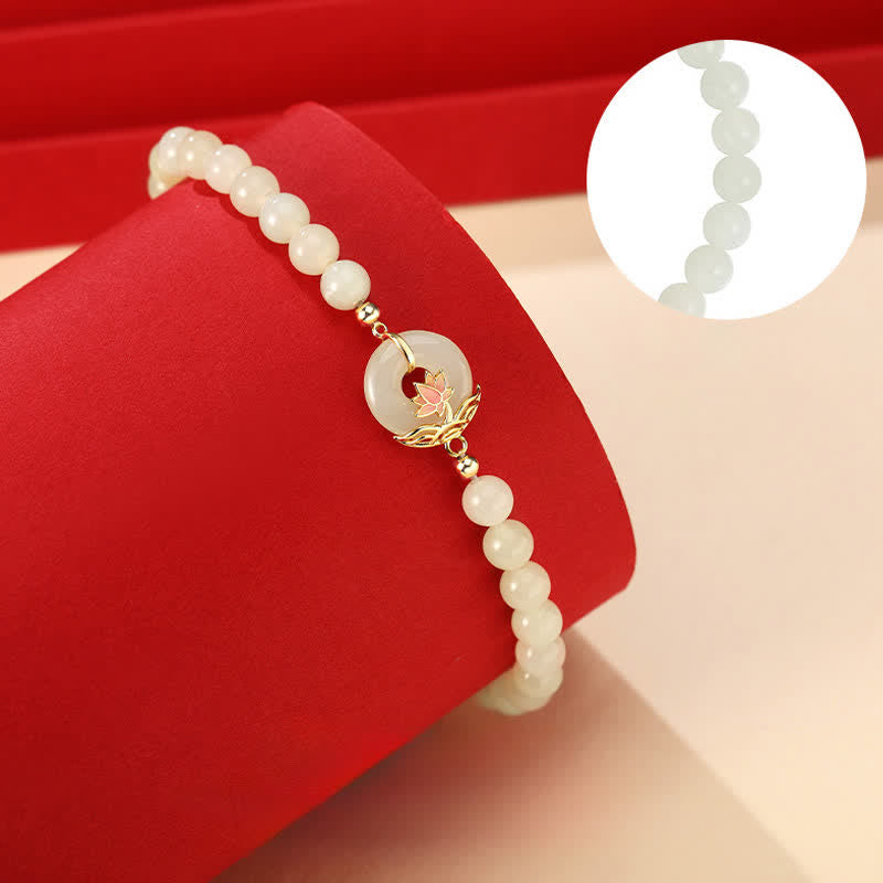 Wear FengShui 925 Sterling Silver Hetian White Jade Lotus Symbol Peace Buckle Harmony Beaded Bracelet