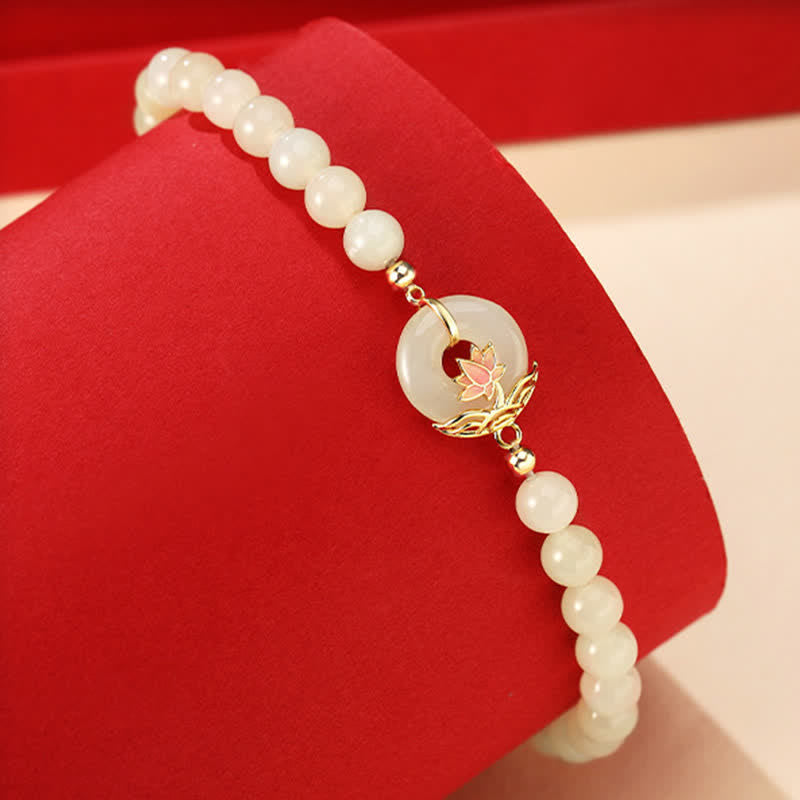 Wear FengShui 925 Sterling Silver Hetian White Jade Lotus Symbol Peace Buckle Harmony Beaded Bracelet