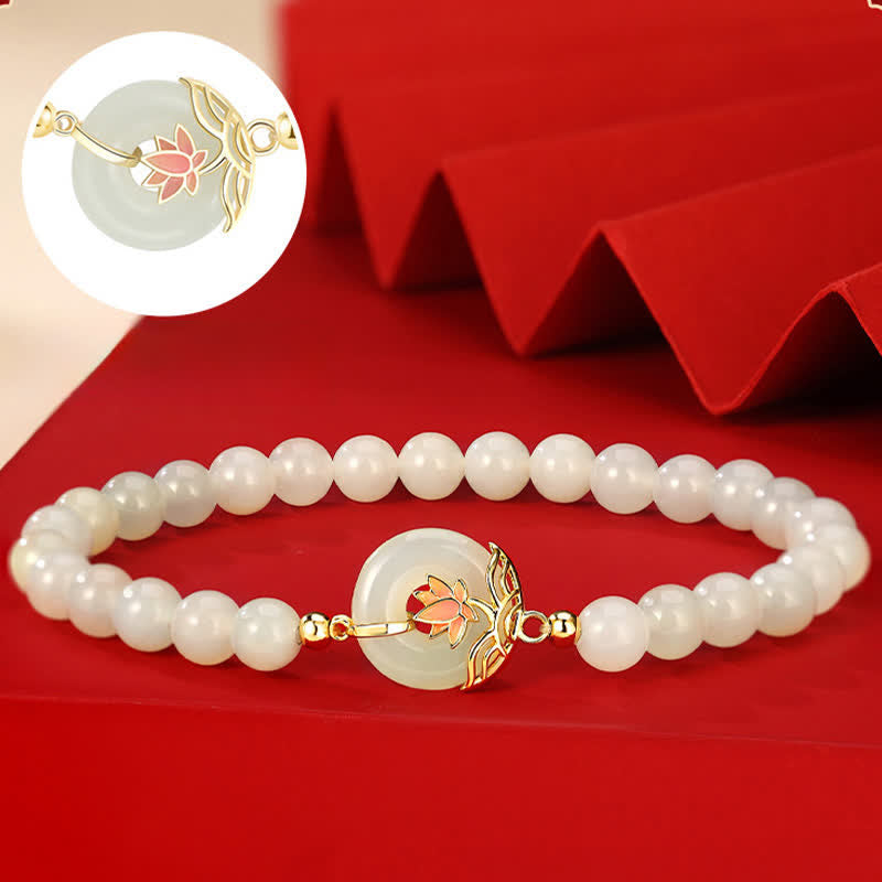 Wear FengShui 925 Sterling Silver Hetian White Jade Lotus Symbol Peace Buckle Harmony Beaded Bracelet