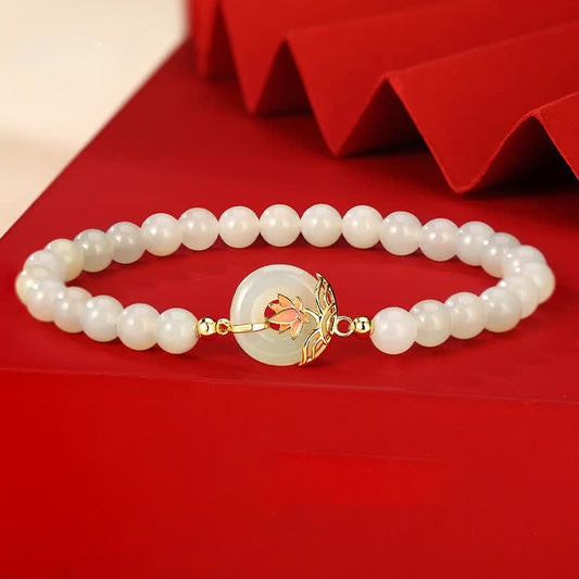 Wear FengShui 925 Sterling Silver Hetian White Jade Lotus Symbol Peace Buckle Harmony Beaded Bracelet