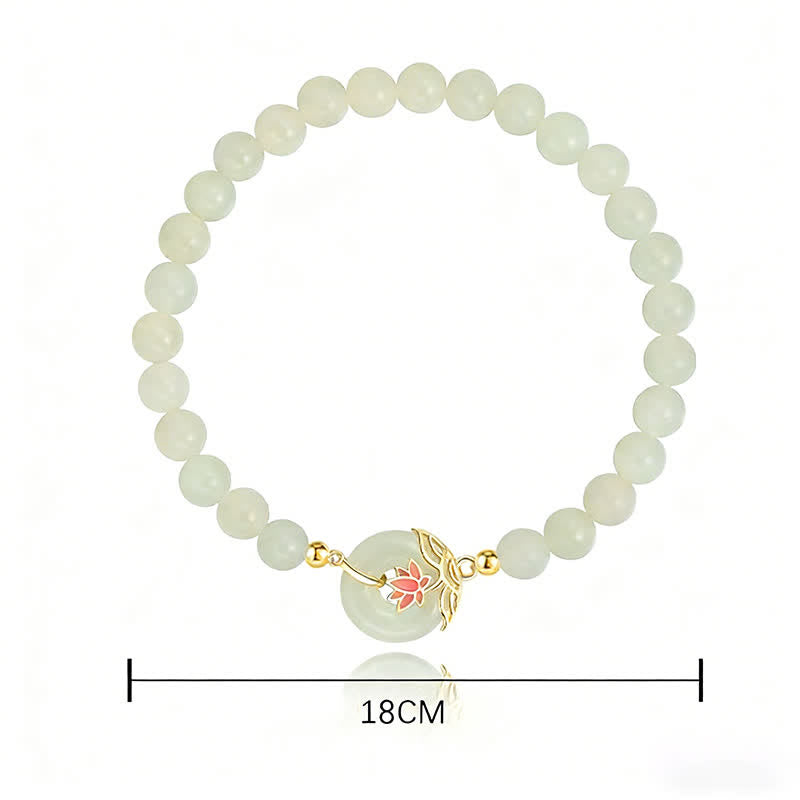 Wear FengShui 925 Sterling Silver Hetian White Jade Lotus Symbol Peace Buckle Harmony Beaded Bracelet
