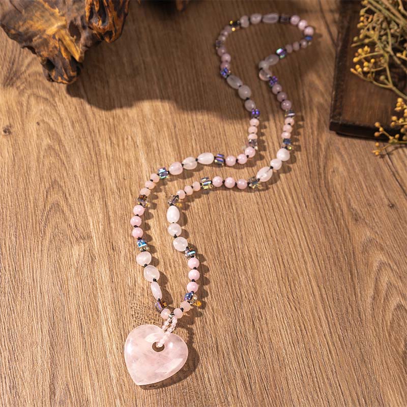 Wear FengShui Rose Quartz Green Aventurine Love Heart Beads Luck Necklace Pendant